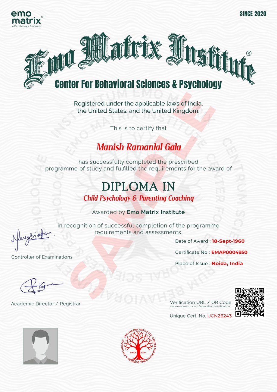 Sample certificate, Emo Matrix Institute
